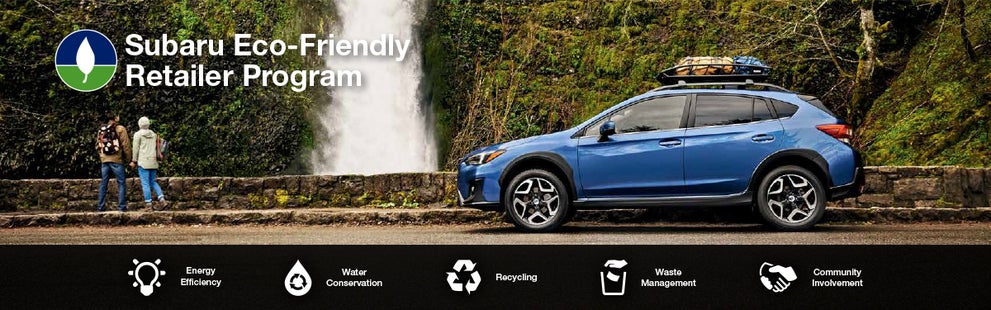 The Subaru Eco-Friendly Retailer Program logo with a blue Subaru and eco icons at bottom. | Randy Marion Subaru in Mooresville NC